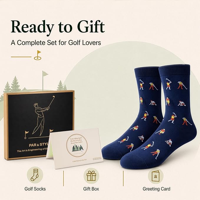 Funny Golf Gifts Socks for Men, Golf Accessories, Size 8-13 Gift Box & Card | Golf gifts for men, soft breathable crew socks, funny gift idea for birthdays, holidays, coworkers, husbands, or golf lovers