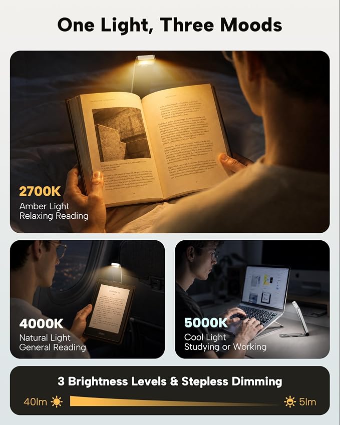 86lux Book Light, Rechargeable Clip-On LED Reading Light for Bed | 3 Color Temperatures with Stepless Dimming, Ultralight Bookmark Design for Book Lovers, Silver