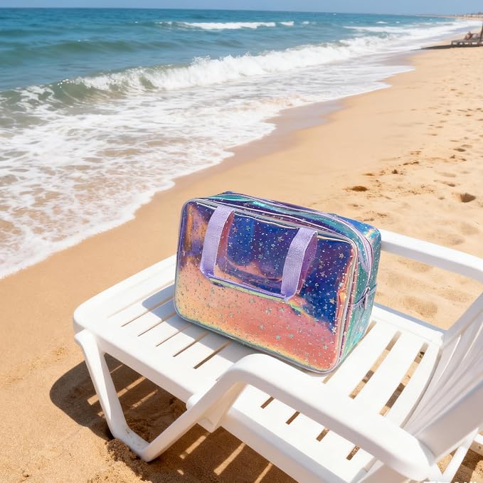 Holographic Purple Star Large Cosmetic Bag and Travel Pouch with Handle,Durable Material,Zipper Design-Ideal for Makeup,Travel Essentials (Purple Handle)