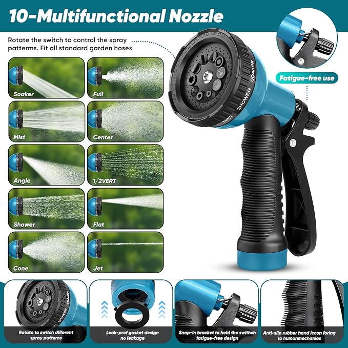 Garden Hose 100FT Non-Expanding, Lightweight Flexible Water Hose | Garden Hose With 10-Function Nozzle, Leak-Proof No-Knot, Easy to Carry, Wear-Resistant, Sturdy Water Hose for Outdoor Yard
