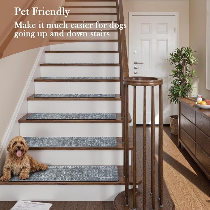 OJIA Stair Treads Non-Slip Stair Runner for Wooden Steps 15PC 30"x8" | Vintage Carpet Stair Treads for Wood Steps Indoor Stair Mat Staircase Step Treads for Kids, Elders, Dogs, Stair Covers, Gray