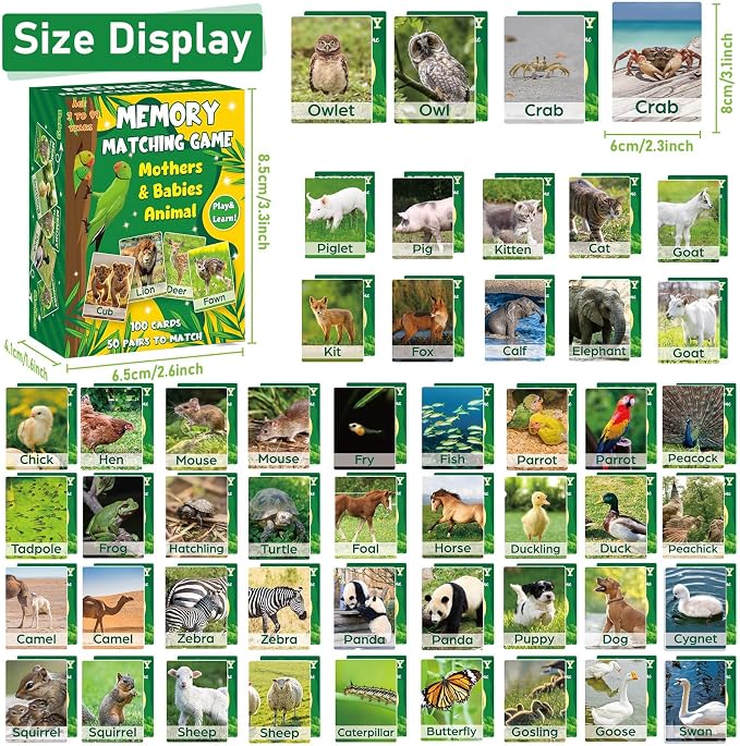 gisgfim 100 PCS Memory Matching Game Adult & Baby Animal Memory Games Educational Matching Game for Kids and Adults A Fun & Fast Animal Memories Games Toddlers Preschool Family Board Gift