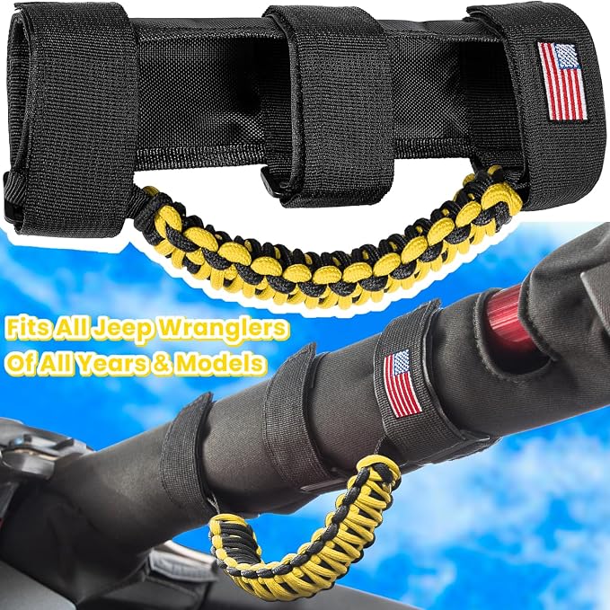 Roll Bar Grab Handles Grip Handle for Jeep Wrangler JK JKU JL JLU TJ YJ Sport Sahara Freedom Rubicon Unlimited Gladiator JT 1955-2023 UTV ATV Accessories Premium Paracord US Flag (Yellow 2 Pack)