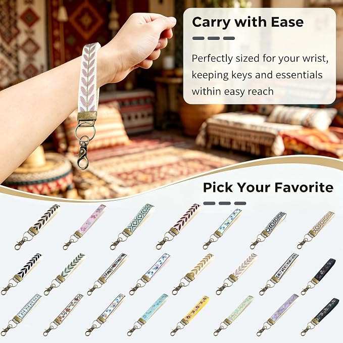 Boho Vintage Embroidered Floral plant Wristlet Keychain for Women | Cute Lanyard&Antique Brass Clasp, Lightweight Hands-Free Key Holder for keys,purses,handbags and daily outdoor use for ladies