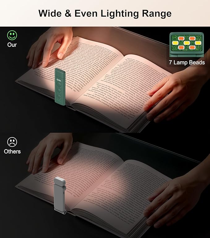 Gritin Book Light Rechargeable, Clip on LED Reading Light for Books in Bed | Eye Caring 3-Color & 5-Brightness, Stepless Dimming, Long Lasting, Compact Size Flexible Book Lamp for Bookworms-Dark green