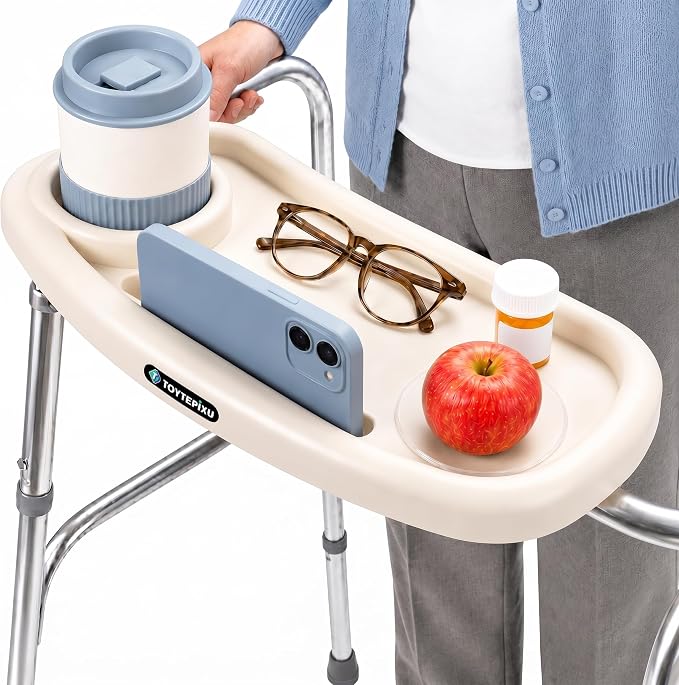 White Walker Caddy Tray for Folding Walkers | Compact Front Bar Organizer, Cup Holder & Phone Slot, Anti-Slip Pads, Fits 0.6-1.4 in Round Tubes, 4 lb max load