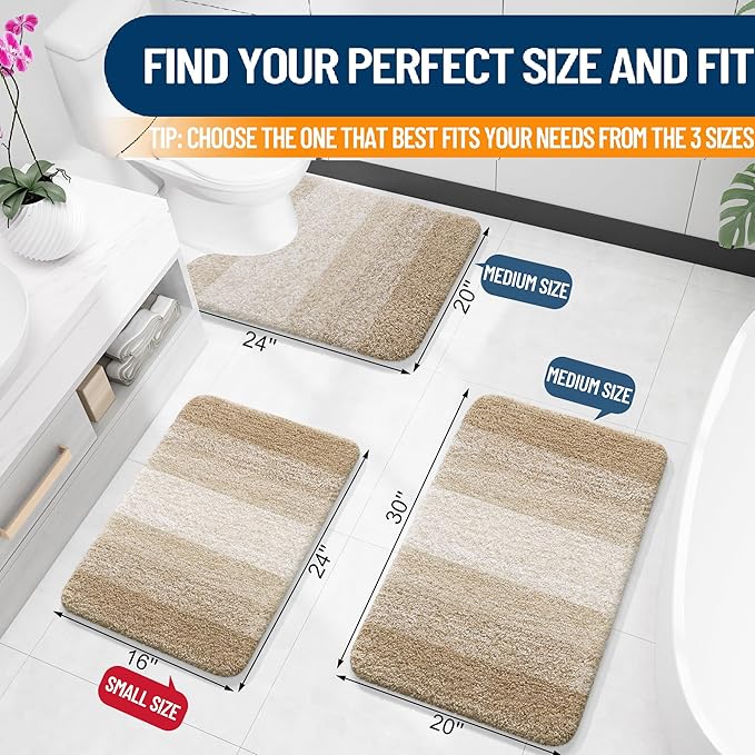OLANLY Bathroom Rug Set 2 Piece, Soft Absorbent Microfiber Bath Mats and U-Shaped Contour Toilet Rug, Non-Slip, Machine Wash Dry, Plush Shaggy Bath Mats for Bathroom (24"x16"+U24 x20, Tan)