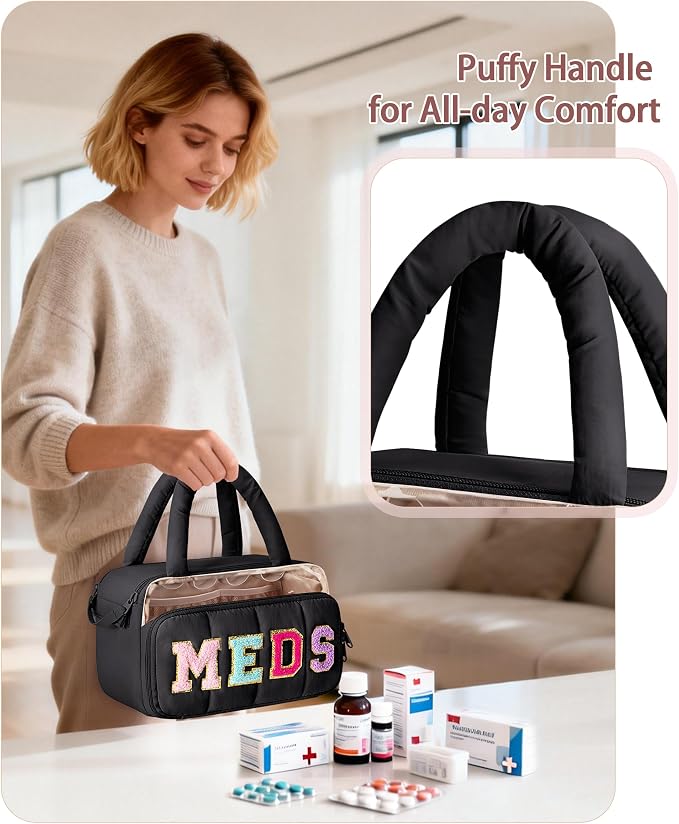 Fasrom Chenille Letter Medicine Bag, Pill Bottle Organizer for Travel Meds | Preppy Patch Design, Puffy Handle, Portable Storage for Medical Supplies & Toiletries, Makeup Case for Women