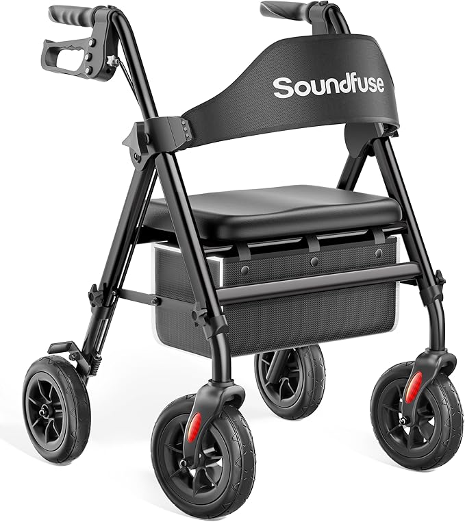Rollator Walkers for Seniors with Seat, Foldable Lightweight Rolling Walker with 8" Big PU Wheels, Ergonomic Seat, Dual Height Adjustment