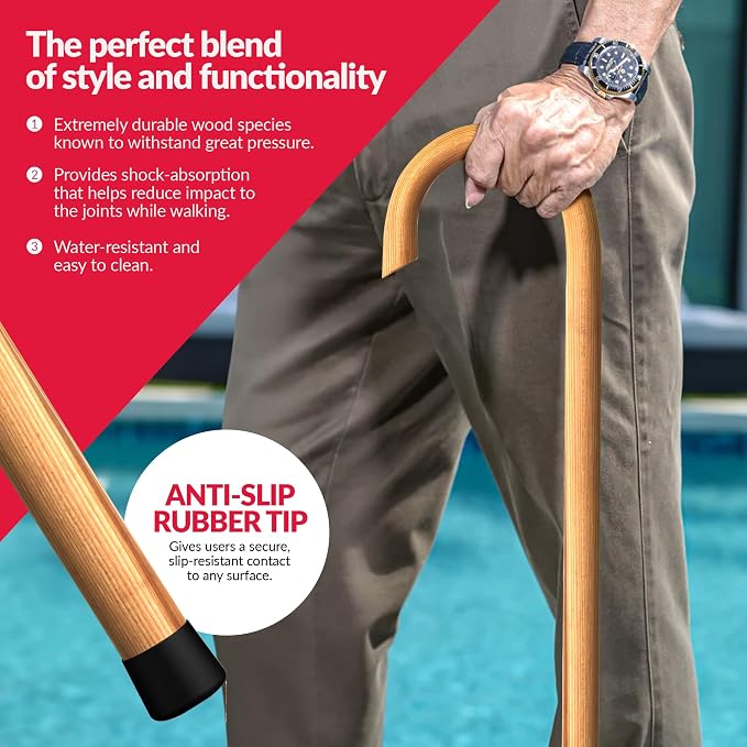 Cane Masters Handmade Wooden Classic American Walking Cane | Highly Durable American Hickory Wood Walking Cane | Ergonomic Handle and Body Grip, Anti-Slip Rubber Tip Wood