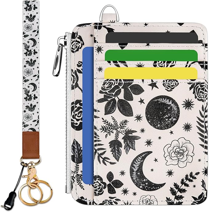 Hancynir Goth Moon Floral Wallet Women Credit Card Holder, Wristlet RFID | Gothic Keychain Lanyard Wallet, Travel Zipper Coin Pocket, Ladies Gifts Women, Minimalist Card Case, 6 Card Slots, PU Leather