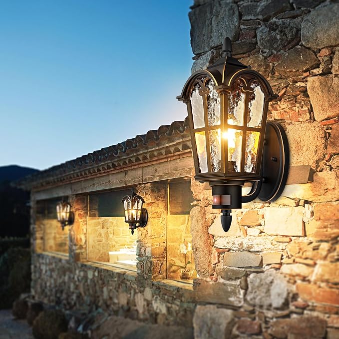 2-Pack 16” Large Motion Sensor Outdoor Wall Lights, Black & Gold | Auto ON/OFF, 3 Lighting Modes, Waterproof, Rust-Resistant, Durable Metal & Water Ripple Glass, Vintage Style, Easy to Install