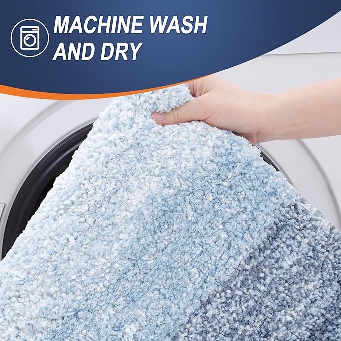 OLANLY Bathroom Rug Set 2 Piece, Soft Absorbent Microfiber Bath Mats and U-Shaped Contour Toilet Rug, Non-Slip, Machine Wash Dry, Plush Shaggy Bath Mats for Bathroom (30"x20"+U24 x20, Blue)