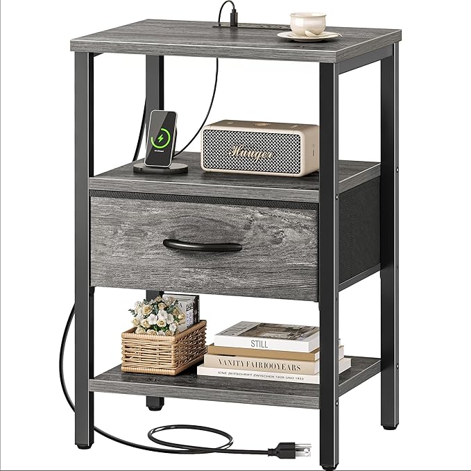SUPERJARE Nightstand with Charging Station, USB-C Port, Bedside Table | Night Stand for Bedroom, with Adjustable Fabric Drawer, 3-Tier Storage End Table, for Living Room, Grey