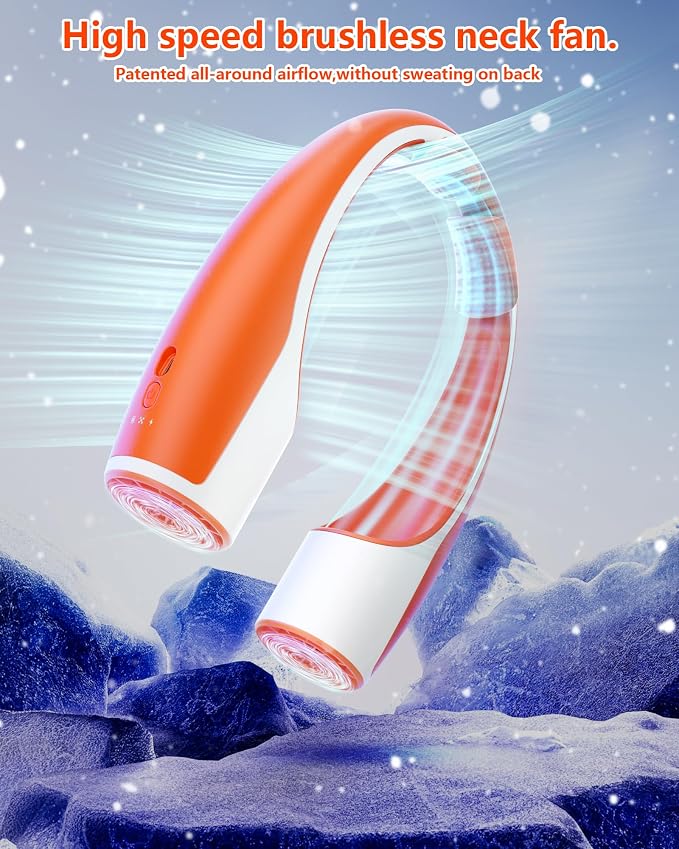 Rohent Personal Neck Fan for Outdoor: Powerful High Speed Personal Fan 360° Cooling - 4000mAh Battery Operated Rechargeable Neck Fan for Travel Camping - Orange | 360° Cooling 4000mAh Battery Operated Rechargeable Neck Fan for Travel Camping