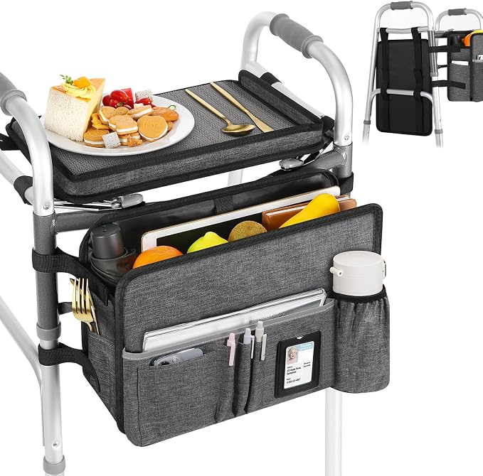 MoKo Walker Basket Bag with Tray, Upgraded Detachable Walker Tray for Folding Walkers with Non-Slip Mat, Large Storage Bag with Multi-Pockets and Cup Holder, Walkers Accessories for Senior, Gray