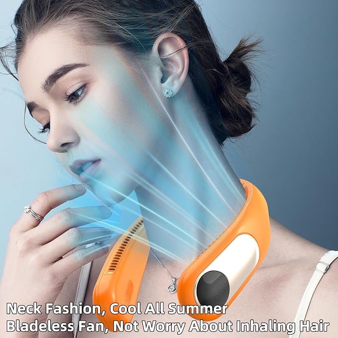 Portable Neck Fan, Personal Wearable Bladeless Fan for Outdoor Indoor, LED Display, 360° Cooling, 4-Speeds, 6000mAh USB Rechargeable, Birthday Gifts for Men Women Dad Mom (Orange)