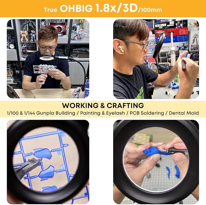 HWATANG OHBIG x MADWORKS 1.8x/3D/100mm Dimming Toning LED Magnifying Glass - K9 White Glass, Model Assembly, Soldering, Ra 94 Ring Light, 50+ Seniors Reading Magnifier (w/Desk Clamp Kit)