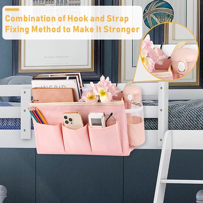 Lilithye Bedside Caddy, Bedside Storage Bag Hanging Organizer for Bunk Bed | Bed Caddy with Fixed Straps and Water Bottle Holder for Home, College Dorm, Bunk Bed, Hospital Bed and Crib Bed Rails