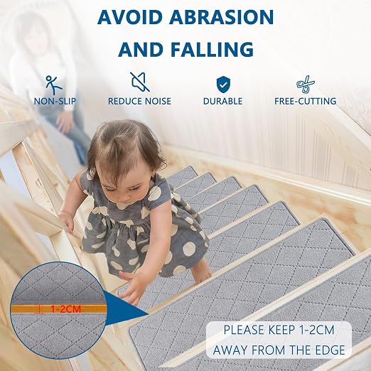 KOOTETA Stair Treads for Wooden Steps Indoor, 15 Pack 8" X 30" Non Slip Carpet Stair Treads with Reusable Adhesive for Kids Elders and Dogs, Surface Polyester TPR Backing Stair Rugs, Grey