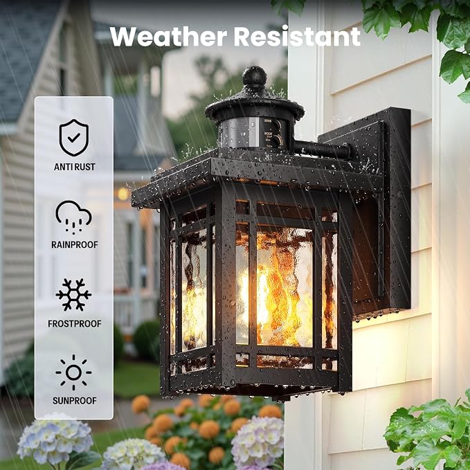 Gleamz Black Exterior Lighting Fixtures, Aluminum Motion Sensor Porch Lights Outdoor, Waterproof Dusk to Dawn Outdoor Lighting with Ripple Glass, Modern Outside Wall Lights for House,Patio, E26 Socket