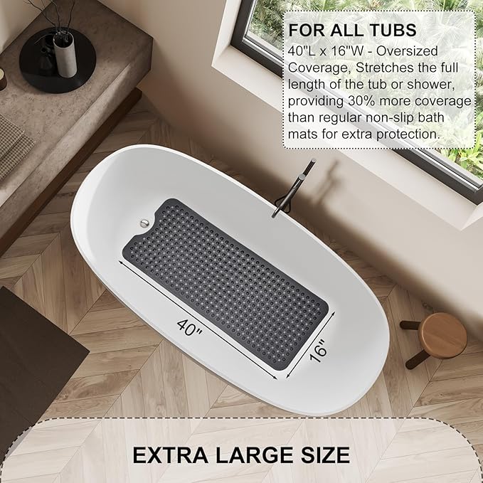 Bath Tub and Shower Mats, Non Slip 40 x 16 Inch Extra Large Bathtub Mat, Machine Washable Bathmat with Drain Holes, Suction Cups for Bathroom Floor, Clear Black