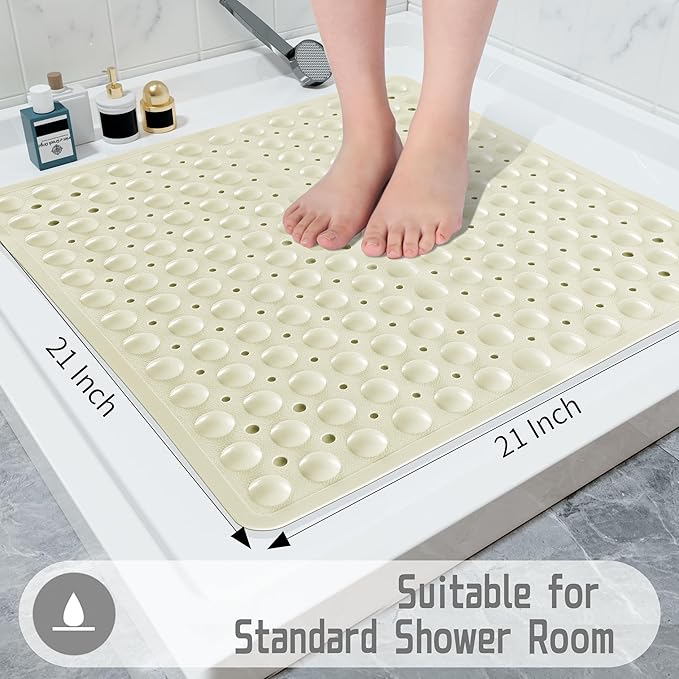 Yimobra Shower Stall Mat Non Slip, 21x21 Inch, Soft Square Bath Mat for Shower with Suction Cups and Drain Holes, Stall Floor Mats for Bathroom, Machine Washable, Bathroom Accessories, Beige