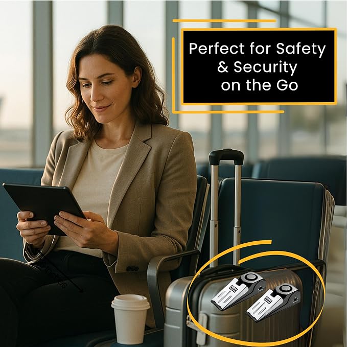 Door Stop Alarm with 120 dB Siren – Portable Travel Door Stopper Alarm Wedge for Hotel, Apartment & Dorm Security – Battery-Operated, Black, 2-Pack