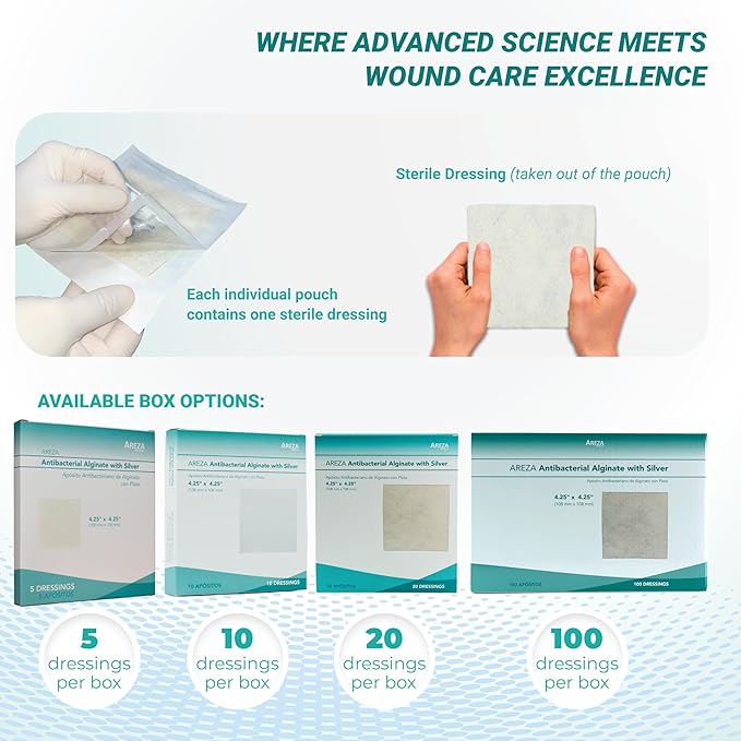 Areza Silver Calcium Alginate Antibacterial Wound Dressing Pads – Sterile, Non-Stick, Highly Absorbent; for Wound Drainage & Infection Risk (4.25″×4.25″, 100-Pack per Box), 1 Box