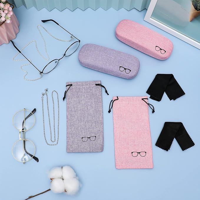 Frienda 2 Set Eyeglass Case Kit Hard Shell Fabric Dusty Colors Eyeglass Case with Storage Bag Glasses Chain Cleaning Cloth