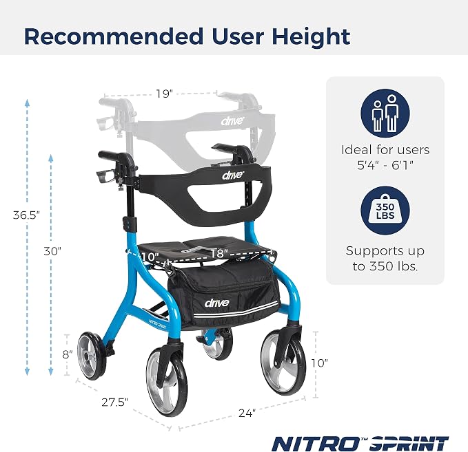 Drive Medical Nitro Sprint Rollator Walker with Seat, Standard, Blue | Lightweight Rollator with Large Wheels Offers Compact Folding Design for Standard Size Everyday Comfort