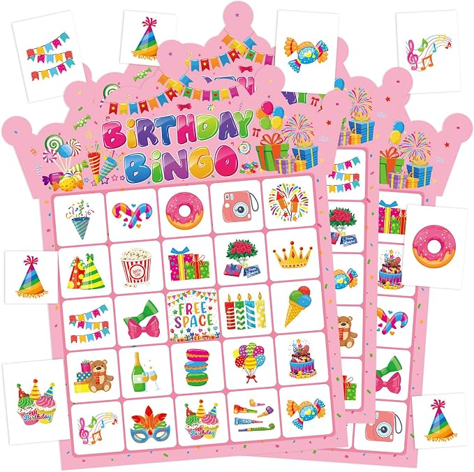 Birthday Bingo Game Cards for Party, 24 Players Birthday Party Bingo Games for School Office Family Large Group Party Activities Supplies
