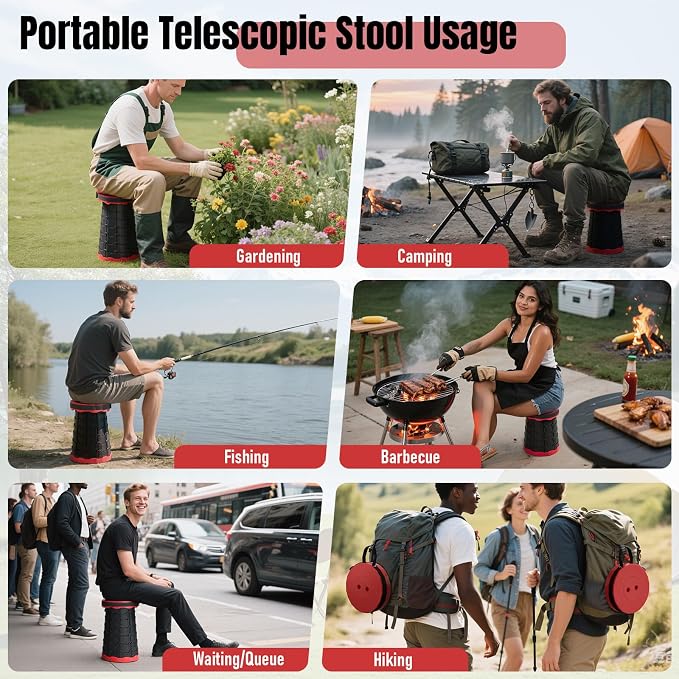 Doseno Collapsible Chair, Portable Collapsible Stool 2 Pack for Adults, Red | Banco plegable con altura ajustable y correa; pop up chair and foldable retractable stool for camping, fishing and hiking