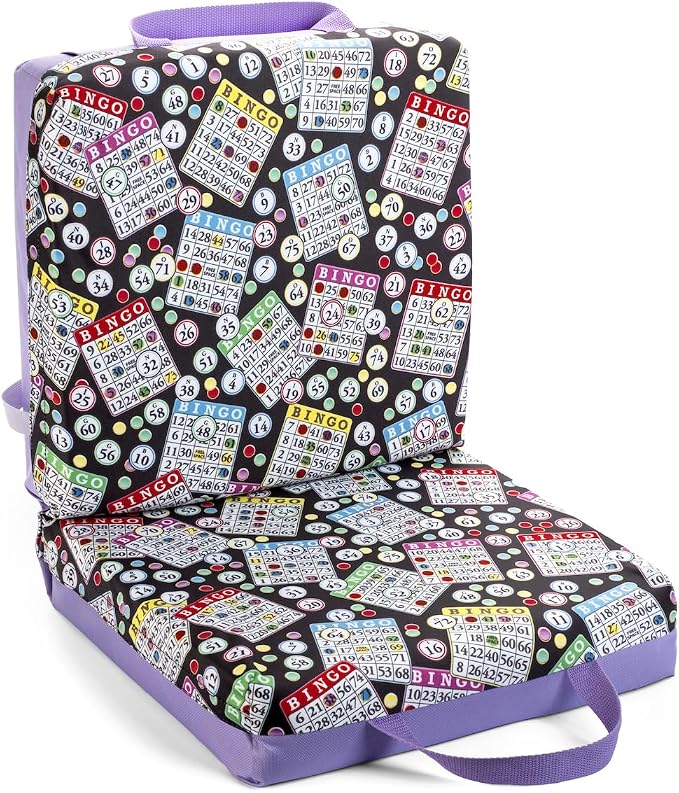 Classic Bingo Pattern Seat Cushion – Extra Thick 3” Bingo Pillow with Strap, Storage Pouch & Handles – Comfortable Folding Chair Cushion for Bingo Nights (Purple)