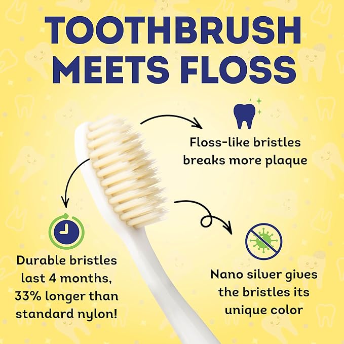 MOUTHWATCHERS Soft Childrens Flossing Manual Toothbrush, Set of 2, Yellow and Blue, Toothbrushes for Kids & Teens, Ultra Clean, by Dr. Plotka's