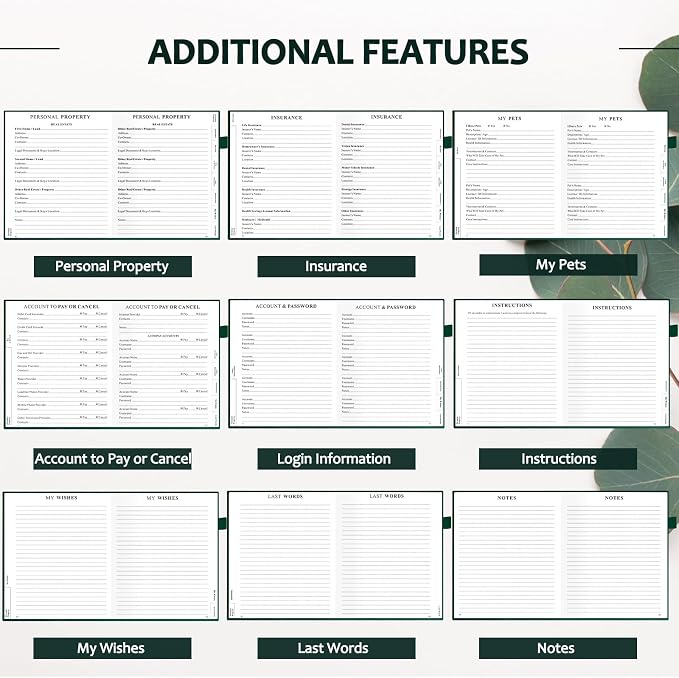 End of Life Planner, Guided Estate Planning Organizer with Tabs, Last Wish, Will Preparation, Funeral Planning, Final Arrangements Notebook for Beneficiary, in Case of Death Organizer -Dark Green