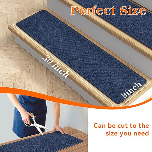 Stair Treads for Wooden Steps 10 PCS, Non Slip Stair Rugs Blue | 8x30in Self-adhesive Stair Runner Strips, Machine Washable, Indoor Carpet for Stairs, Stair Protection for Kids Pets Elderly