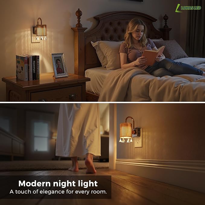L LOHAS LED Night Lights Plug into Wall, Boho Fabric Cylinder Night Light | 2 Pack Decor Nightlight with Tassel,Dusk to Dawn Sensor,0-100LM Dimmable Vintage Night Lights for Bedroom,Living Room,Hallway