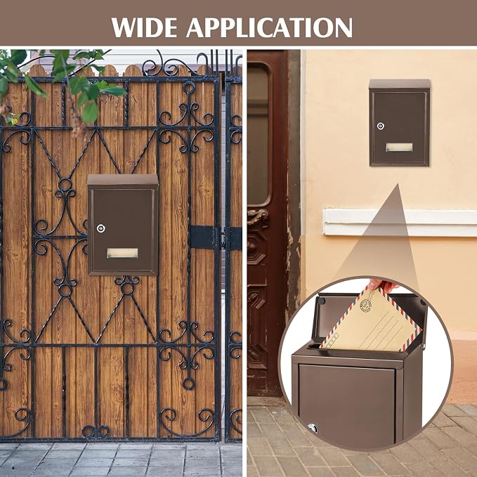 Amylove Weatherproof Mail Boxes with Key Lock, Security Locking Wall Mount Metal Mailbox with Slot for Outside, Large Capacity for Mail, Packages, Donations, Voting 11.8 H x 8.3 L x 2.8 W, Brown