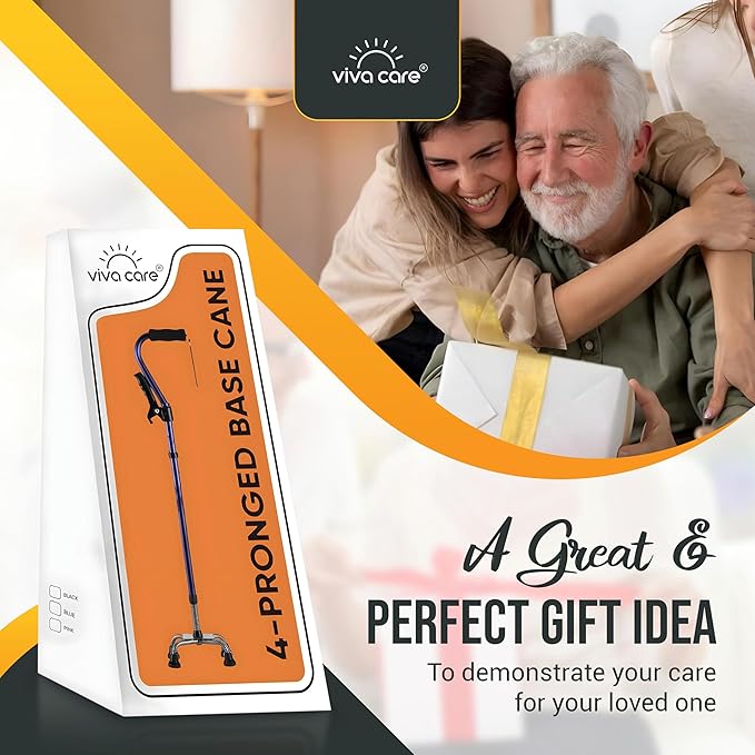 VIVA CARE Walking Cane with 4 Prongs and Extra Side Handle – Adjustable, for Balance & Stability for Adults, Seniors, and Injured.