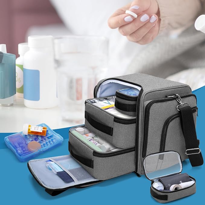 BAFASO Large Pill Bottle Organizer with 4 Inner Removable Pouches, Gray | Medicine Bag Come with Shoulder Strap, BAG ONLY.