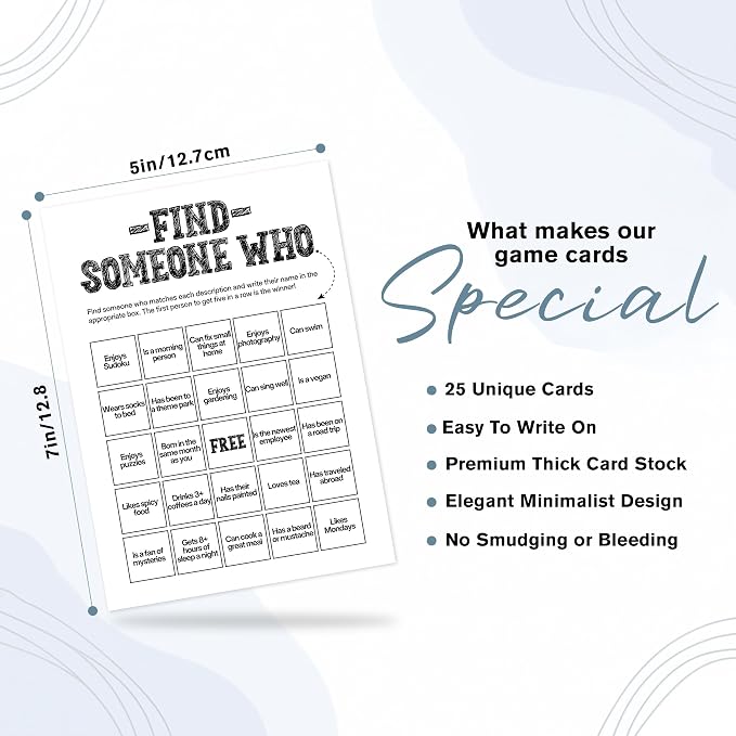 Find Someone Who Bingo Cards, 25 Unique Randomized 5x7 Sheets, Get to Know You Bingo Game for Adults, Ice Breaker Office Party Games, Team Building Games for Work, High Replay Value - B005