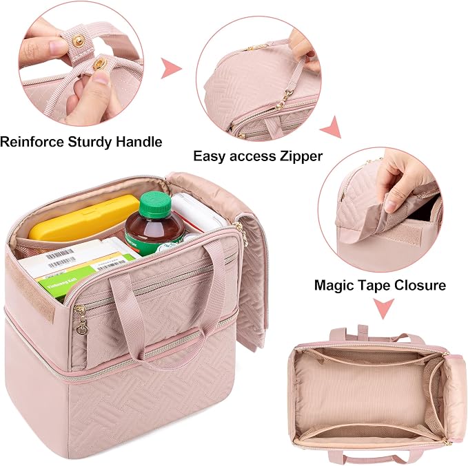 Damero Double Layers Pill Bottle Organizer Empty with 4 Customized Dividers | Lockable Medicine Storage Bag Medication Travel Bag for Prescription Bottles, Medical Supplements, Misty Rose