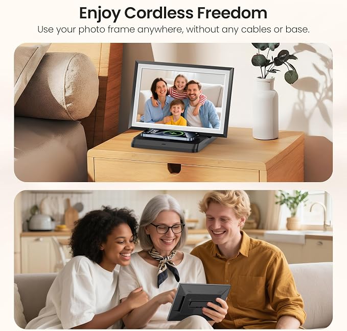 BIGASUO Digital Picture Frame Frameo 10.1", WiFi Photos & Videos Sharing, 3000mAh Battery & Wireless Charging, 1280x800 IPS Touch Screen, 32GB Storage, Support USB/SD Card