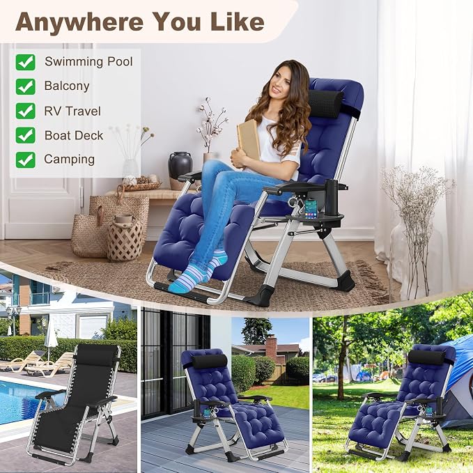 Comfy Folding Recliner Chair -Bedroom Living Room Chairs | Patio Lounge Chair with Removable Cushion for Indoor Outdoor