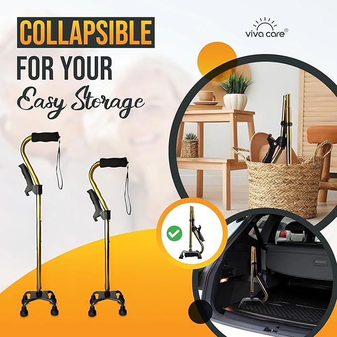 VIVA CARE Walking Cane with 4 Prongs and Extra Side Handle – Adjustable, for Balance & Stability for Adults, Seniors, and Injured.