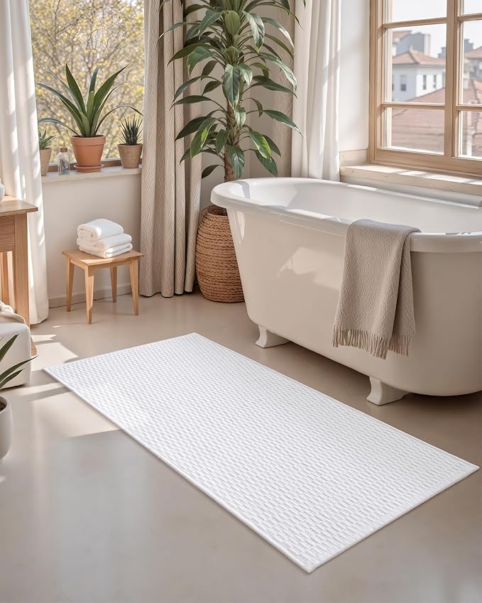 Color&Geometry Bathroom Rugs with Rubber Backing, Non Slip Machine Washable Bath Mat, Soft Absorbent Chenille Boho Carpet for Bathroom Floor, Tub and Shower,24"x36", White