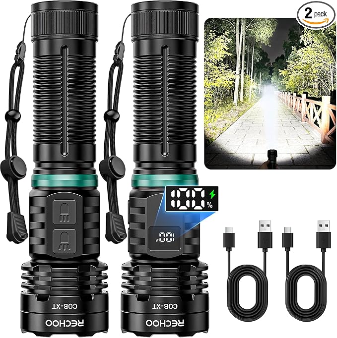 RECHOO Rechargeable Flashlight 2 Pack, Super Bright Flashlights High Lumens 99000, Fixed Foucs, 8 Lighting Modes IP65 Waterproof Flashlight for Camping Essential, Hunting, Emergency, Gifts for Men