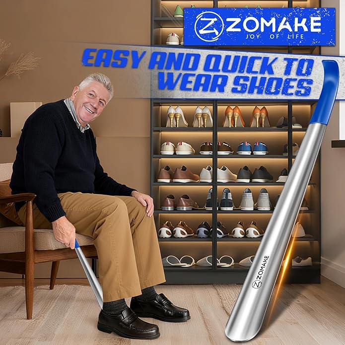 ZOMAKE Shoe Horn Long Handle for Seniors Men Women,Metal Long Shoehorn Boot Horn,16.5" Stainless Steel Shoe Spoon Helper
