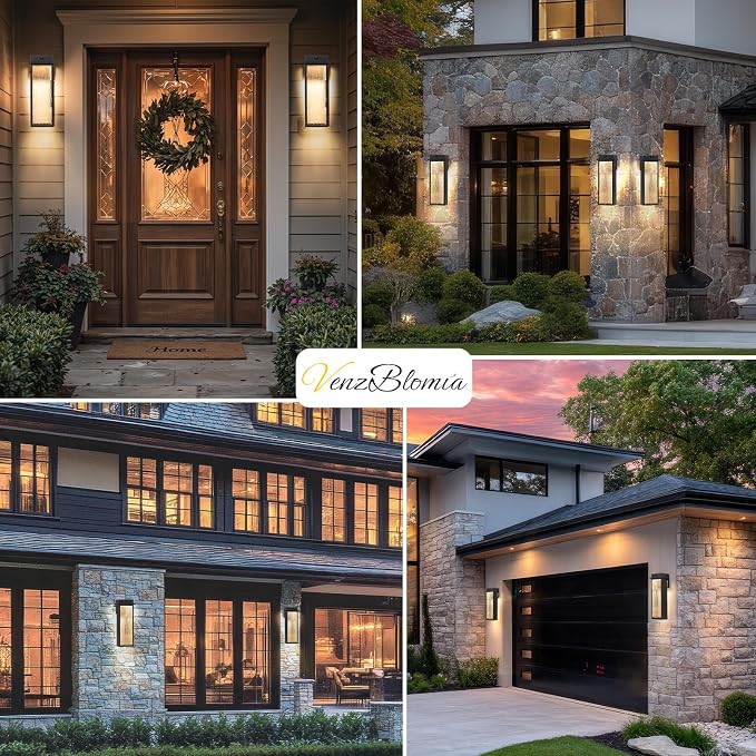 VenzBlomia 16” Black Motion Sensor Outdoor Lights for House Garage 2 Pack | Modern LED Dusk to Dawn Outdoor Lighting Waterproof, Brightness Porch Lights with Water Rippled Glass, Easy Installation